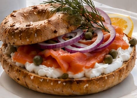 Lox and bagels with coffee, as served at the brunch